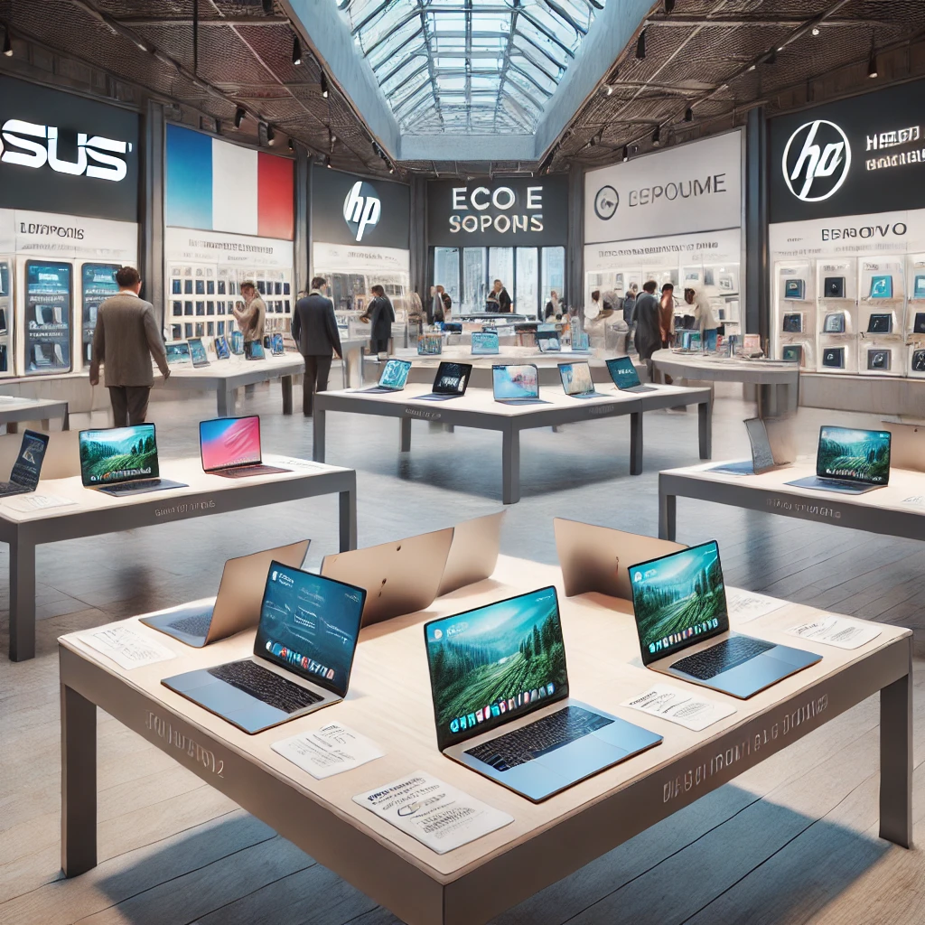 DALL·E 2024 10 29 05.29.17 A realistic high resolution image of a modern French tech store in 2024 displaying various popular laptop brands. The setting includes sleek tables s