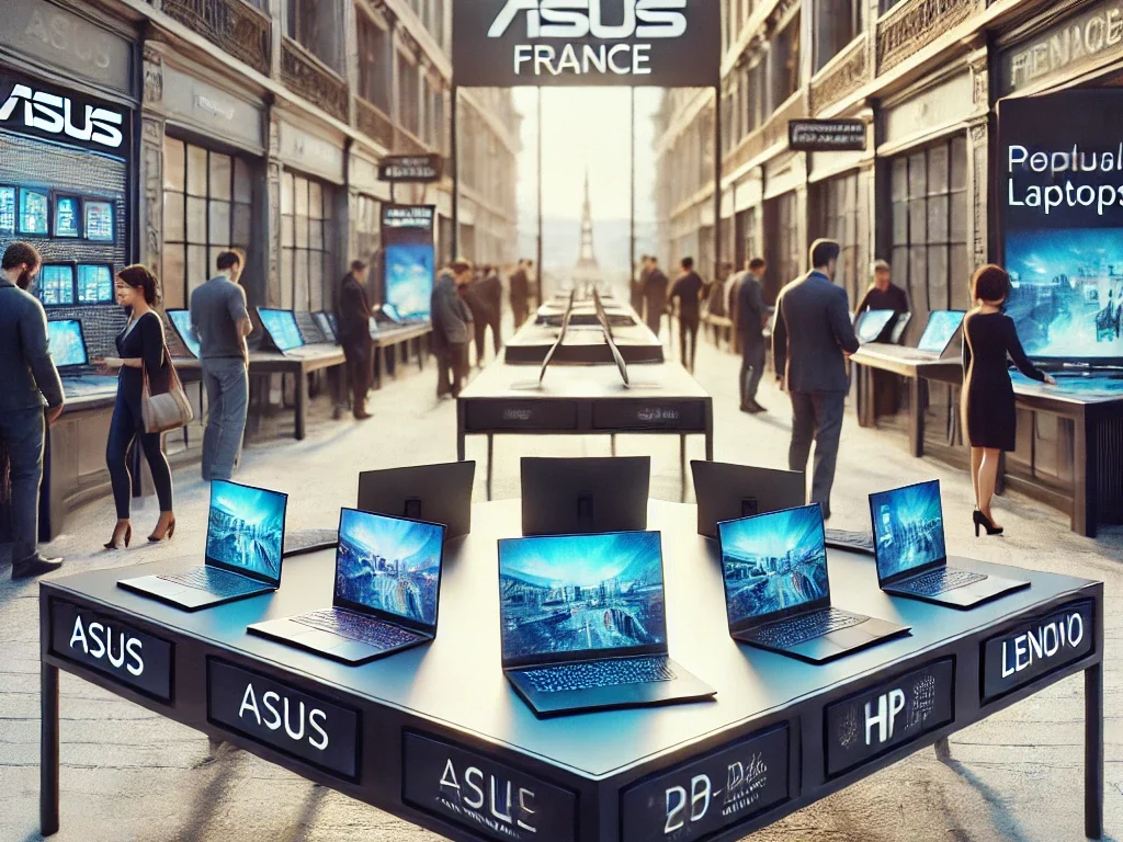 DALL·E 2024 10 29 05.29.36 A realistic high resolution image of a modern laptop market display in France in 2024. The scene includes popular laptop brands such as Asus Apple edited